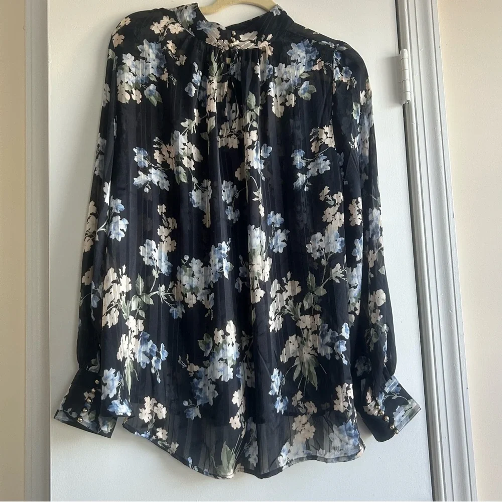 H&M Women’s Floral Sheer Long Sleeve Blouse Navy Blue Mock Neck Workwear Flowy - Picture 2 of 7